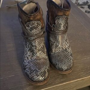 Freebird Heeled Boots in Brown and Gray with Snakeskin Design